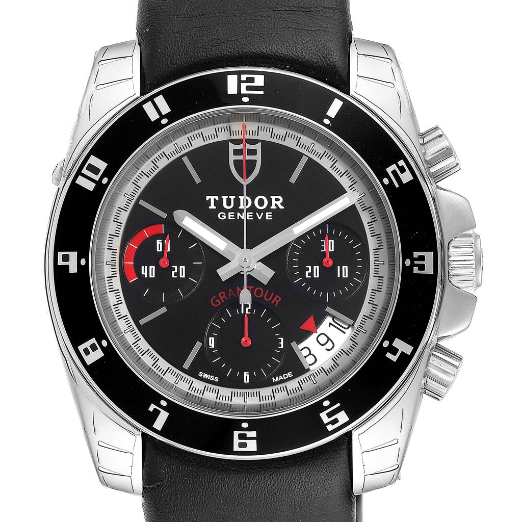The image shows a frontal view of the Tudor Grantour 20350N-BKSLPL Men
s Stainless Steel Black Dial 20350N-BKSLPL Men
s Stainless Steel Black Dial watch, highlighting the dial, bezel, crown, and leather strap.