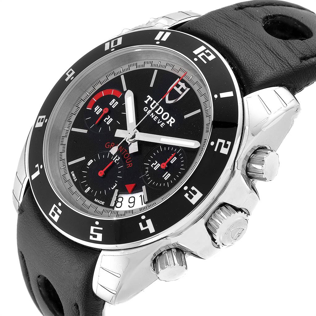 This image shows the Tudor Grantour 20350N-BKSLPL Men
s Stainless Steel Black Dial 20350N-BKSLPL Men
s Stainless Steel Black Dial watch at a slight angle, highlighting the face, bezel, crown, and part of the strap.