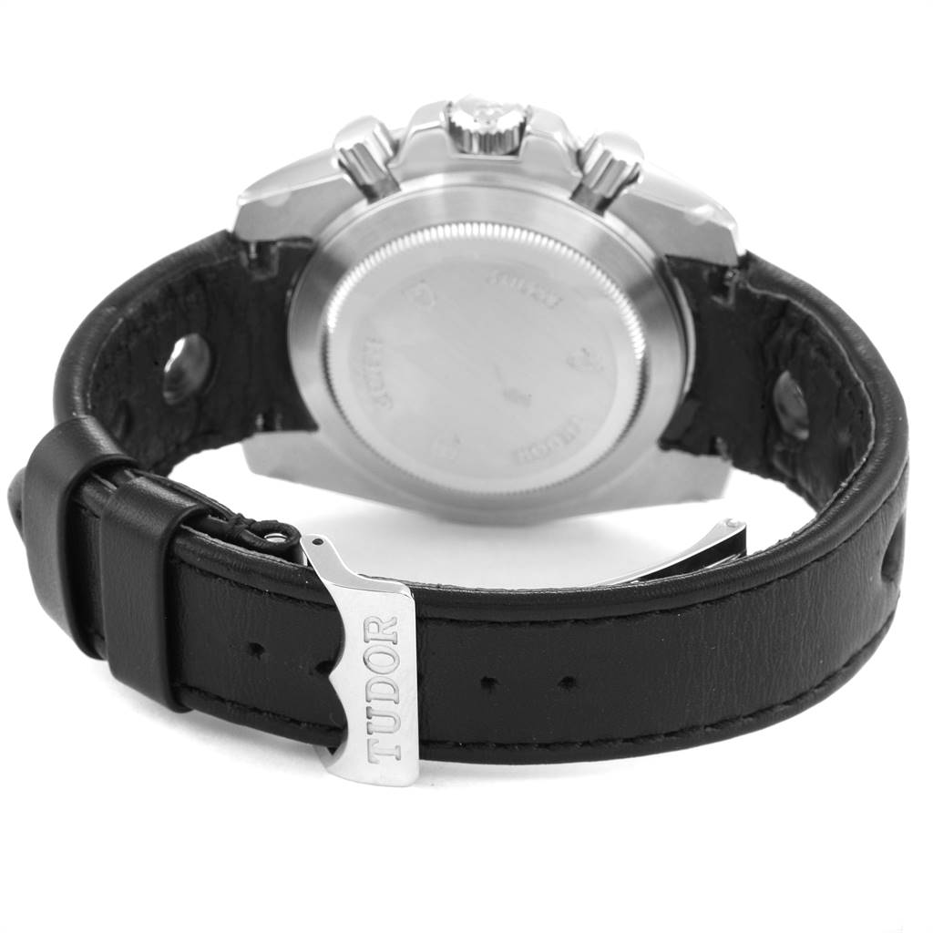 The image shows the backside and strap of the Tudor Grantour 20350N-BKSLPL Men
s Stainless Steel Black Dial 20350N-BKSLPL Men
s Stainless Steel Black Dial watch, highlighting the buckle and case back.