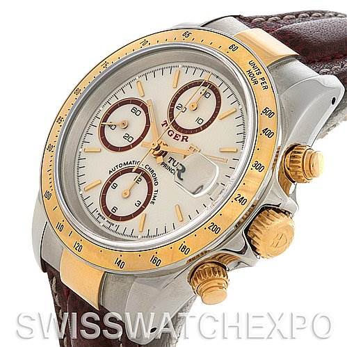 The image shows a Tudor Tiger 79263 Men's Yellow Gold Champagne Dial 79263 Men's Yellow Gold Champagne Dial watch at an angle, highlighting the face, bezel, crown, and pushers prominently.