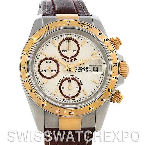 The image shows the front view of a Tudor Tiger 79263 Men's Yellow Gold Champagne Dial 79263 Men's Yellow Gold Champagne Dial model watch, displaying the dial, bezel, and pushers.