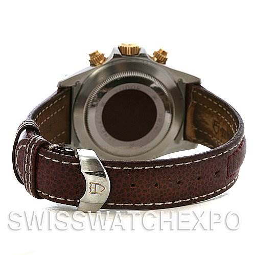 The image shows the back view of the Tudor Tiger 79263 Men's Yellow Gold Champagne Dial 79263 Men's Yellow Gold Champagne Dial model watch, featuring its case back and leather strap with a buckle.