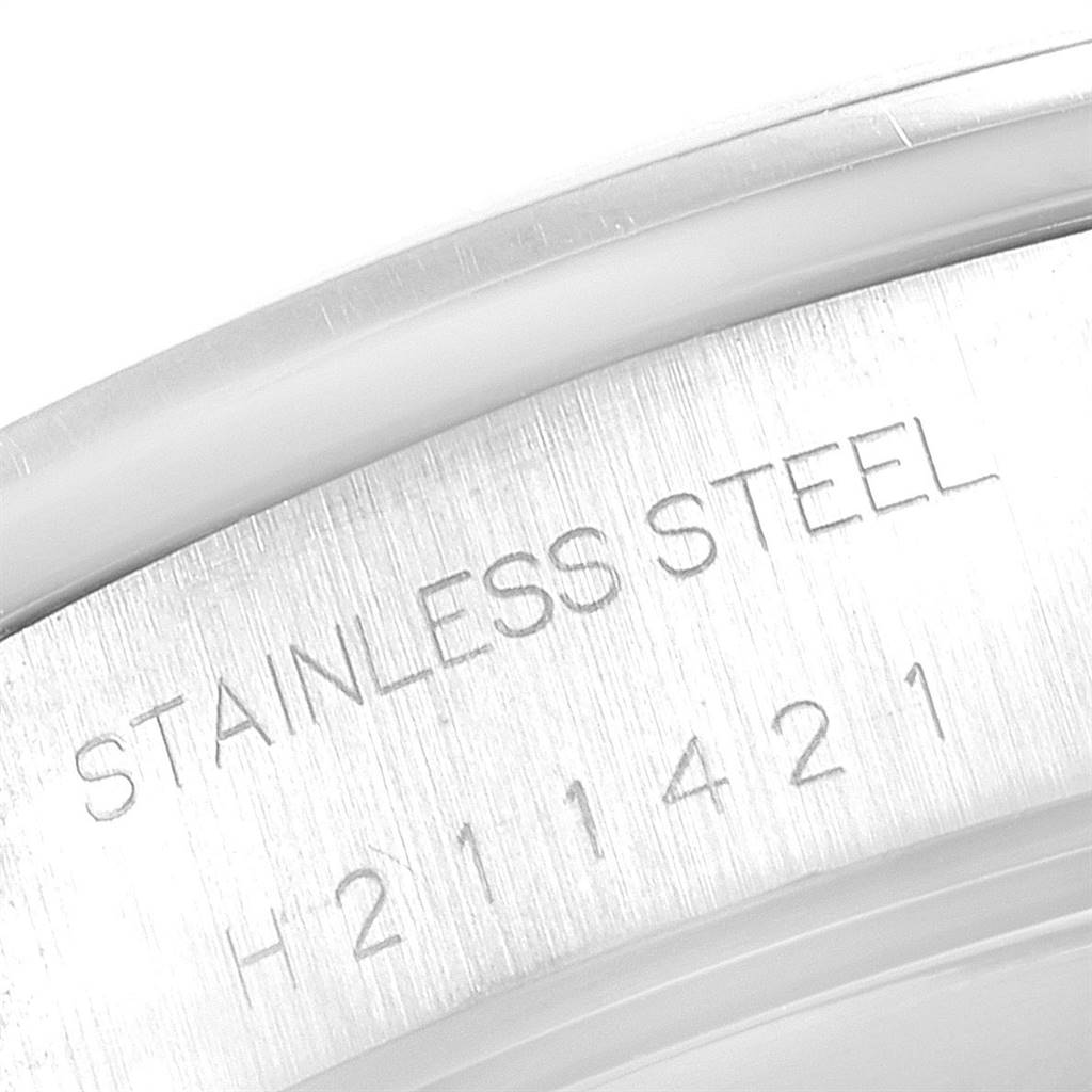 This image shows a close-up angle of the stainless steel case back, with the serial number, for the Tudor Tiger 79280P Men's Stainless Steel Silver Dial 79280P Men's Stainless Steel Silver Dial model watch.