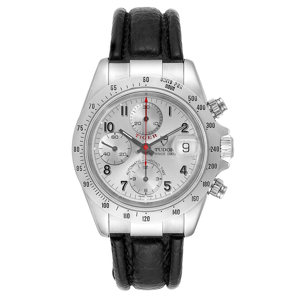 The Tudor Tiger 79280P Men's Stainless Steel Silver Dial 79280P Men's Stainless Steel Silver Dial watch is shown from the front, displaying the face, subdials, bezel, crown, and black leather strap.