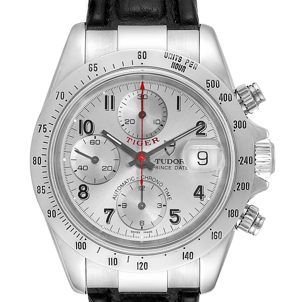 The image shows a frontal view of the Tudor Tiger 79280P Men's Stainless Steel Silver Dial 79280P Men's Stainless Steel Silver Dial model watch, displaying the dial, subdials, crown, and pushers.