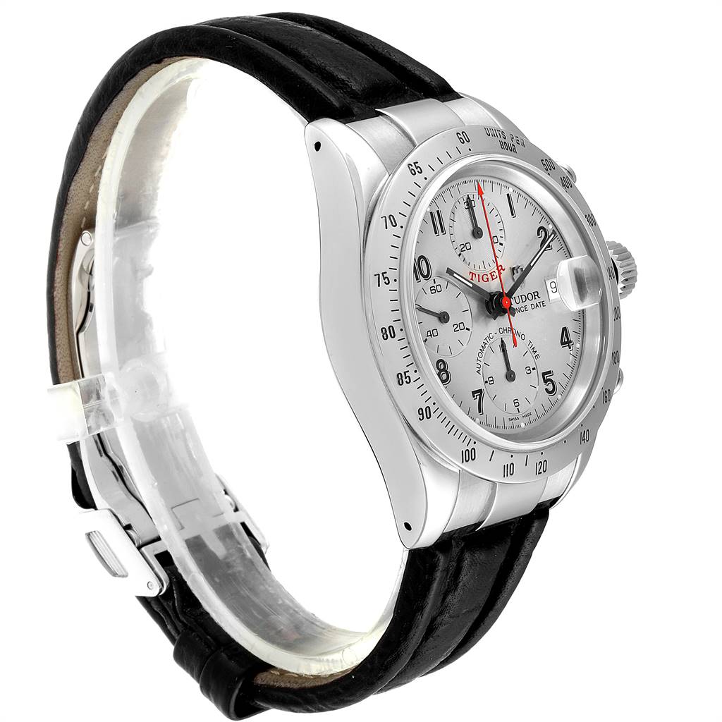 The image shows a side angle view of the Tudor Tiger 79280P Men's Stainless Steel Silver Dial 79280P Men's Stainless Steel Silver Dial model watch, displaying its face, bezel, crown, and leather strap.