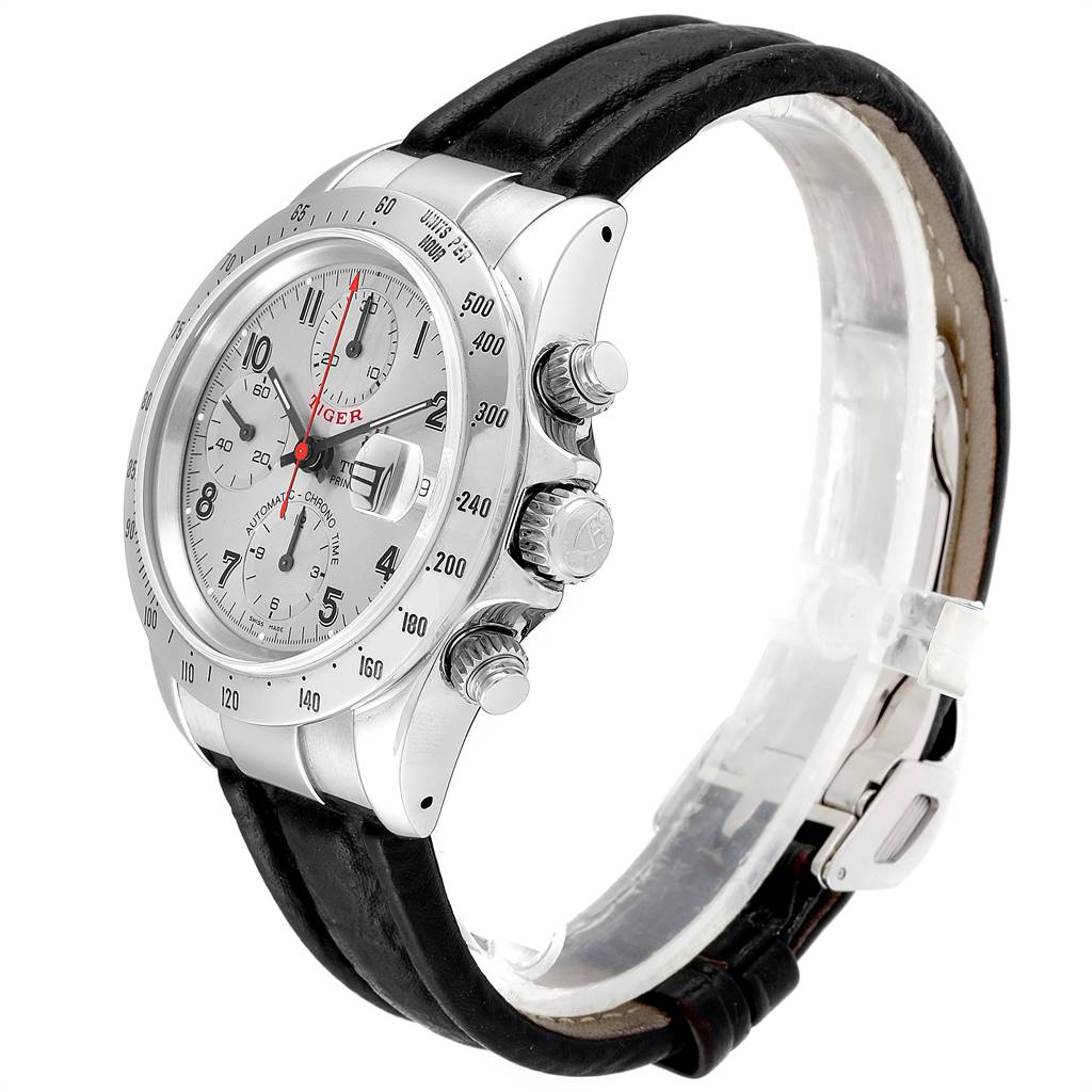 This image shows a side and front-angle view of the Tudor Tiger 79280P Men's Stainless Steel Silver Dial 79280P Men's Stainless Steel Silver Dial watch, highlighting its dial, bezel, crown, and pushers.