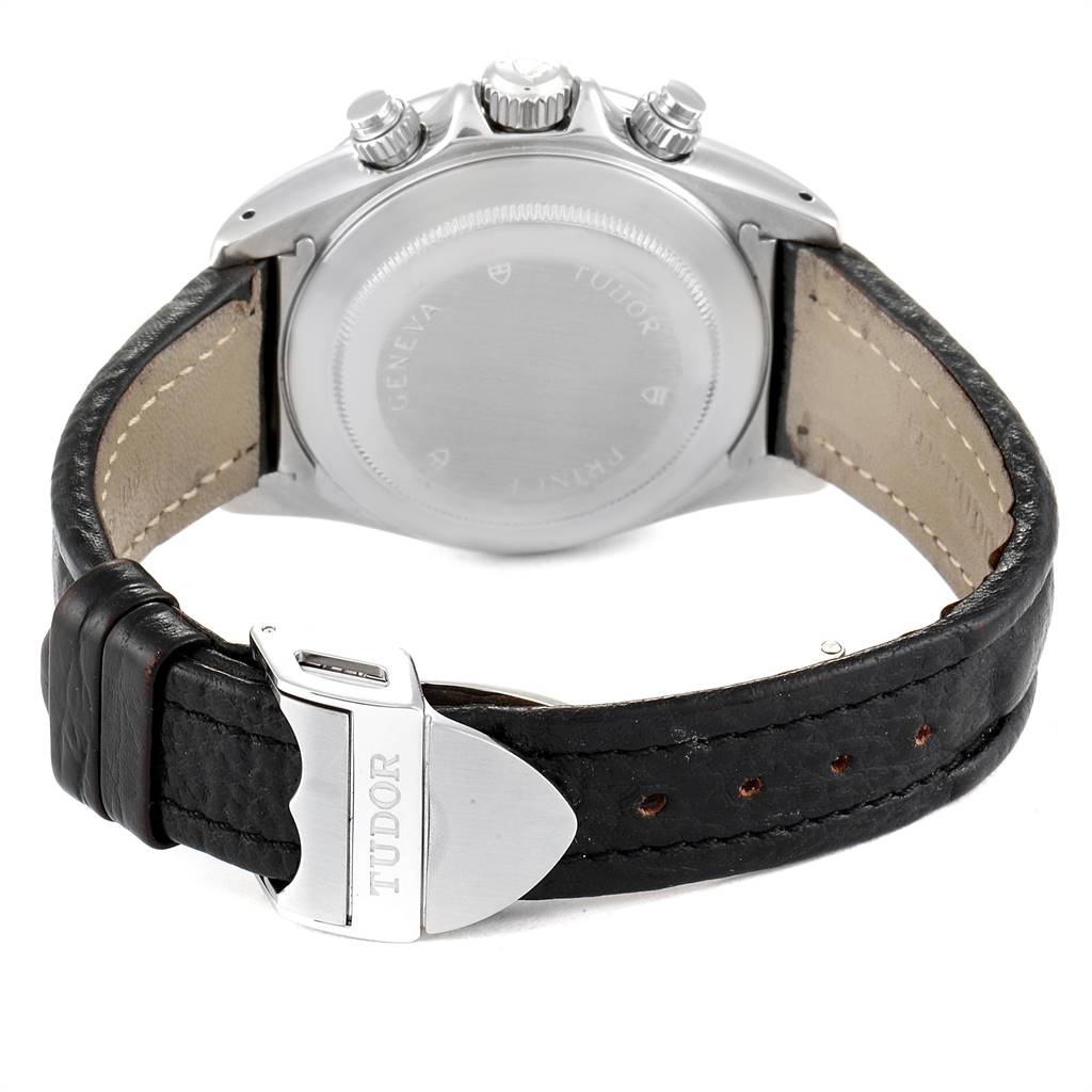 This image shows the back view of a Tudor Tiger 79280P Men's Stainless Steel Silver Dial 79280P Men's Stainless Steel Silver Dial model watch, highlighting the leather strap and metal clasp.
