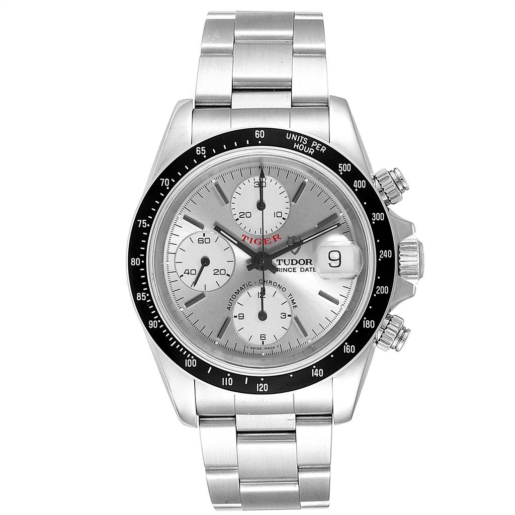 The Tudor Tiger 79260 Men's Stainless Steel Silver Dial 79260 Men's Stainless Steel Silver Dial watch is shown from a front angle, displaying its face, bezel, crown, pushers, and bracelet.