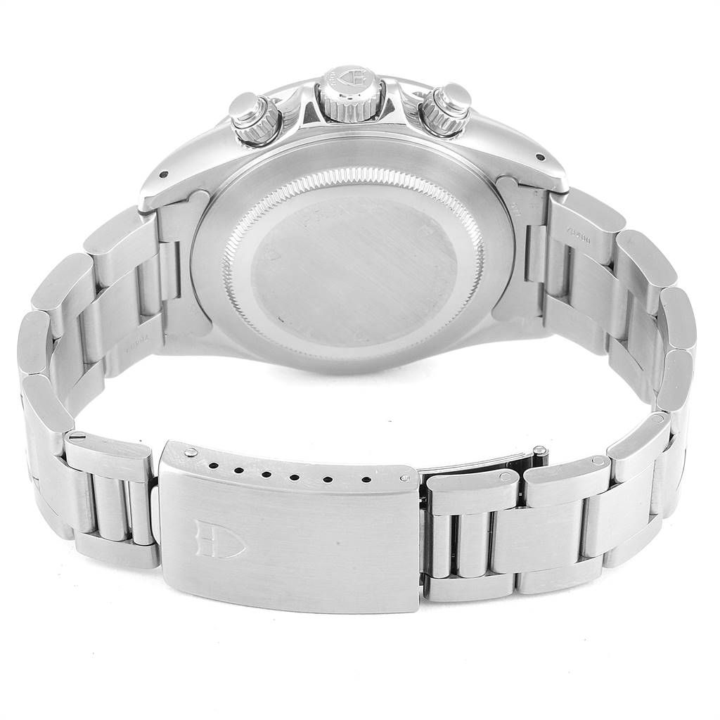 The image shows the back view of the Tudor Tiger 79260 Men's Stainless Steel Silver Dial 79260 Men's Stainless Steel Silver Dial model, highlighting the case back, crown, pushers, and the clasp of the metal bracelet.