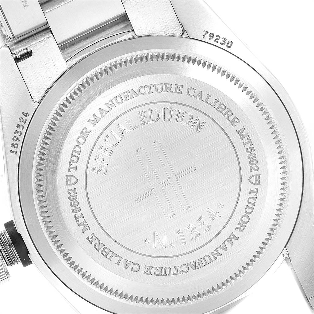 This image shows the case back of the Tudor Heritage Black Bay 79230G Men's Stainless Steel Black Dial 79230G Men's Stainless Steel Black Dial watch.