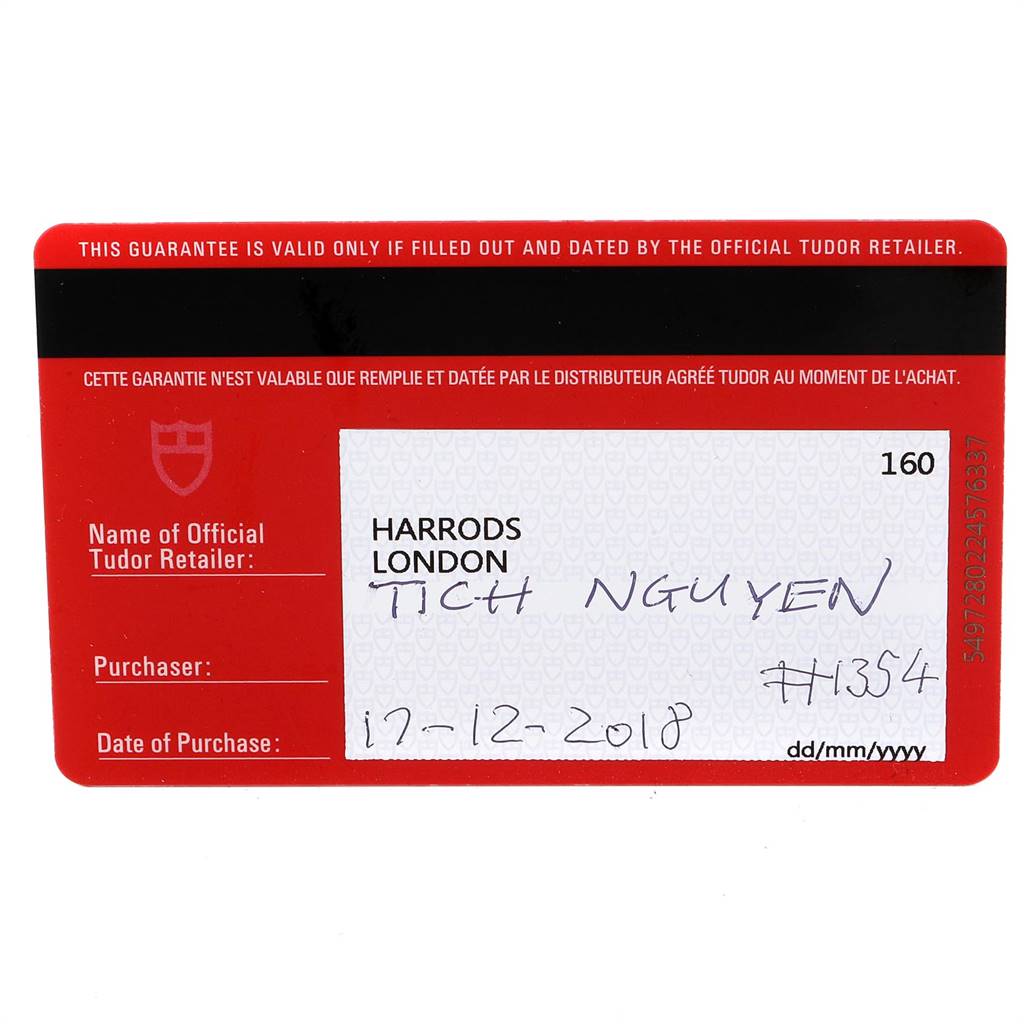 This is a warranty card for the Tudor Heritage Black Bay 79230G Men's Stainless Steel Black Dial 79230G Men's Stainless Steel Black Dial model.