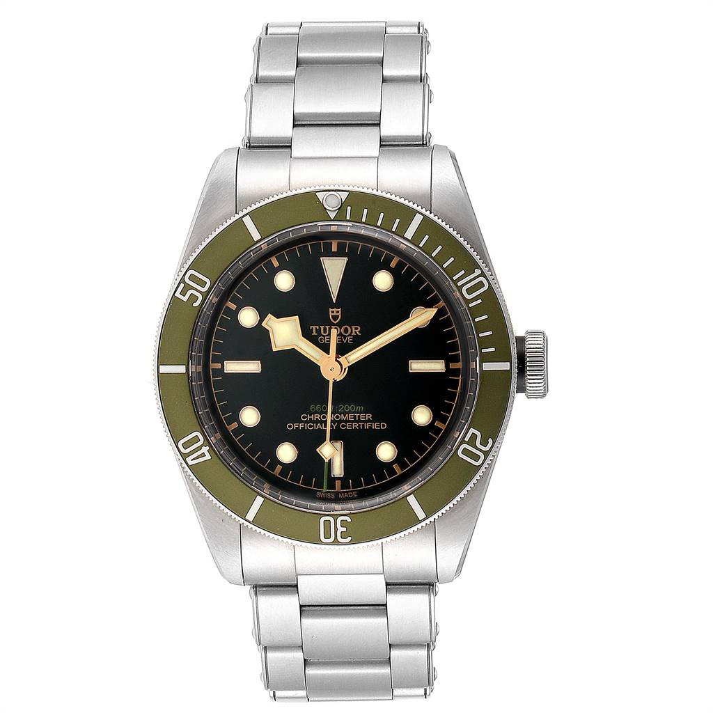 The Tudor Heritage Black Bay 79230G Men's Stainless Steel Black Dial 79230G Men's Stainless Steel Black Dial watch is shown from the front, highlighting the dial, bezel, and stainless steel bracelet.