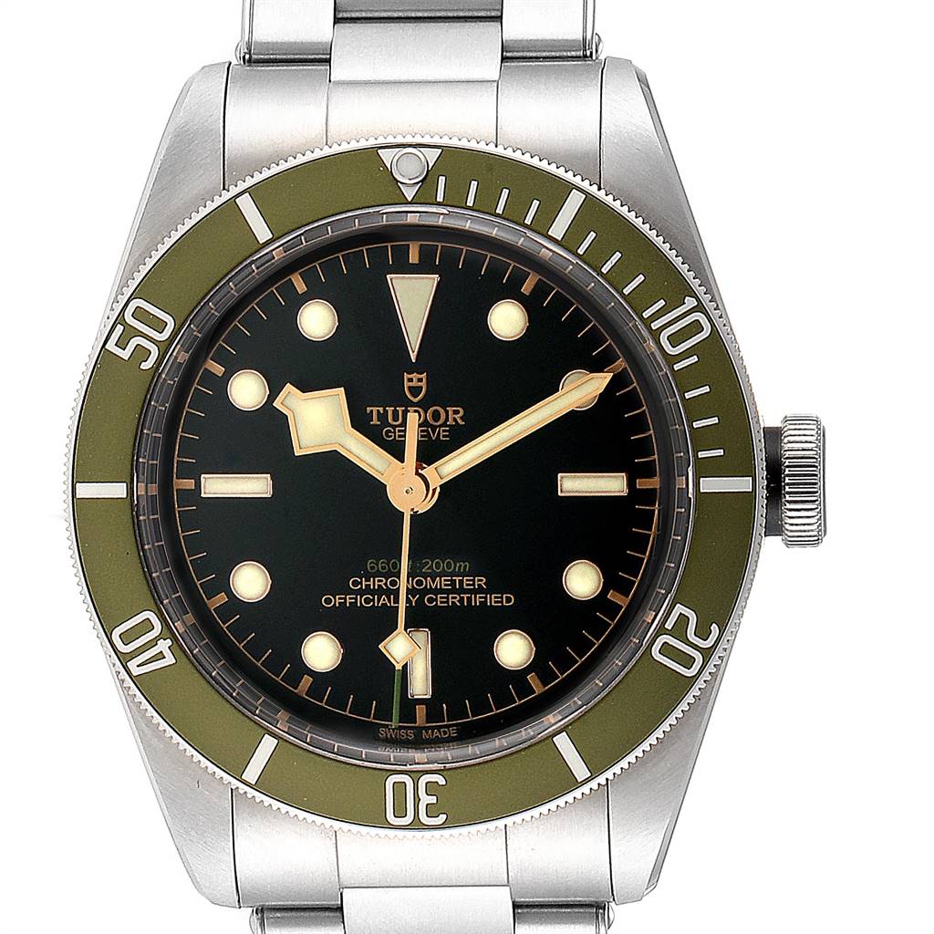 Front view of the Tudor Heritage Black Bay 79230G Men's Stainless Steel Black Dial 79230G Men's Stainless Steel Black Dial watch, showcasing its face, hands, bezel, and part of the bracelet.