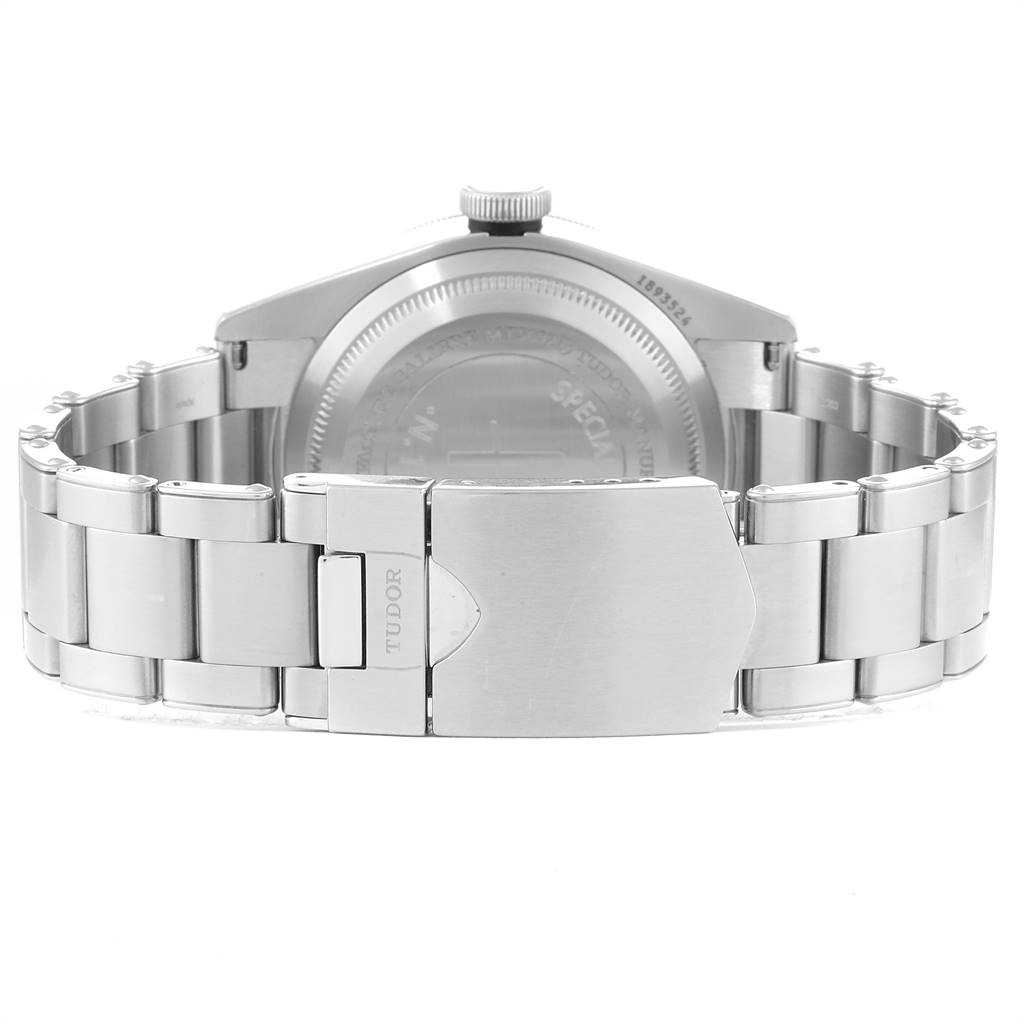 This image shows the back view of the Tudor Heritage Black Bay 79230G Men's Stainless Steel Black Dial 79230G Men's Stainless Steel Black Dial watch, focusing on the stainless steel bracelet and clasp.