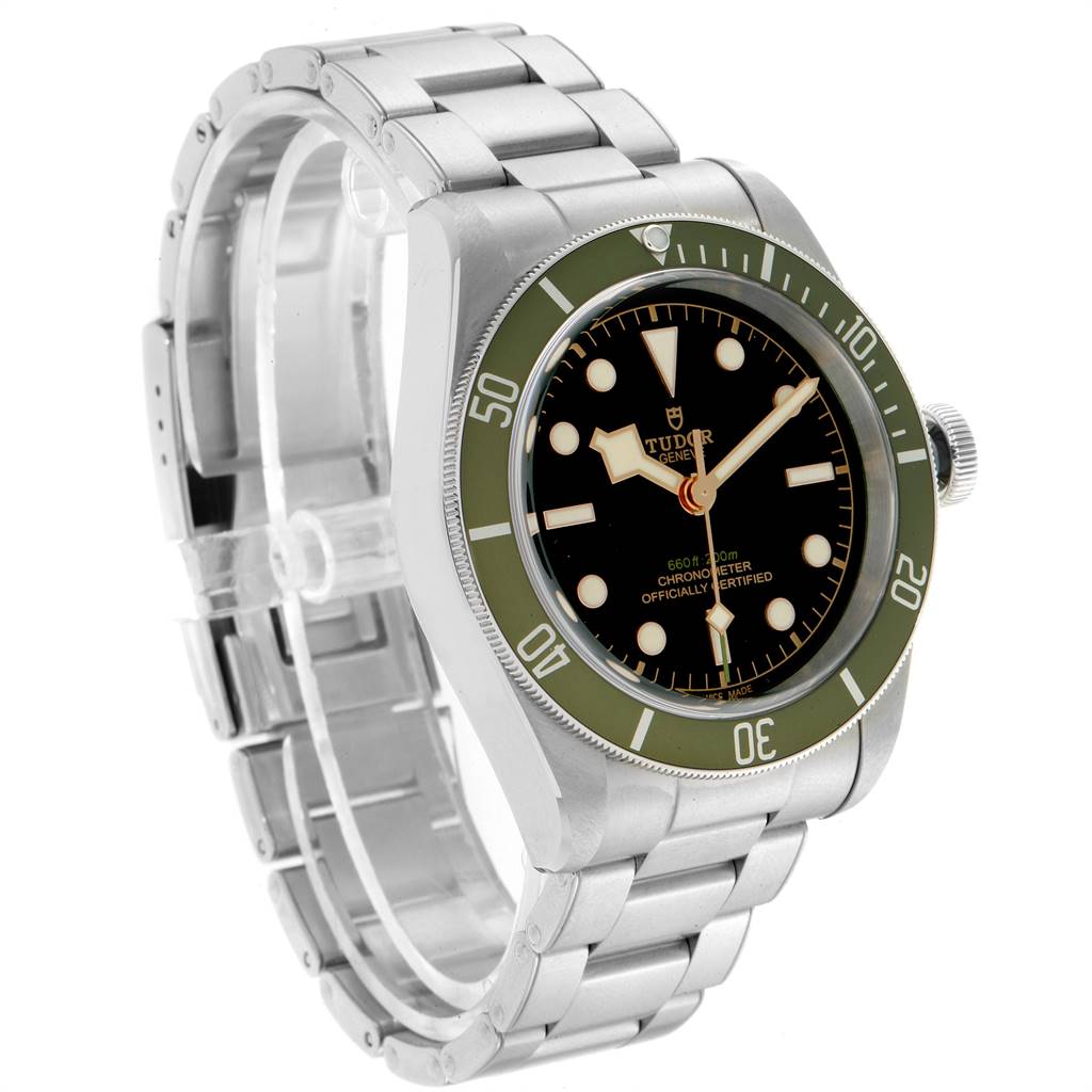 The image shows a Tudor Heritage Black Bay 79230G Men's Stainless Steel Black Dial 79230G Men's Stainless Steel Black Dial watch at a three-quarter angle, highlighting the face, bezel, and bracelet.