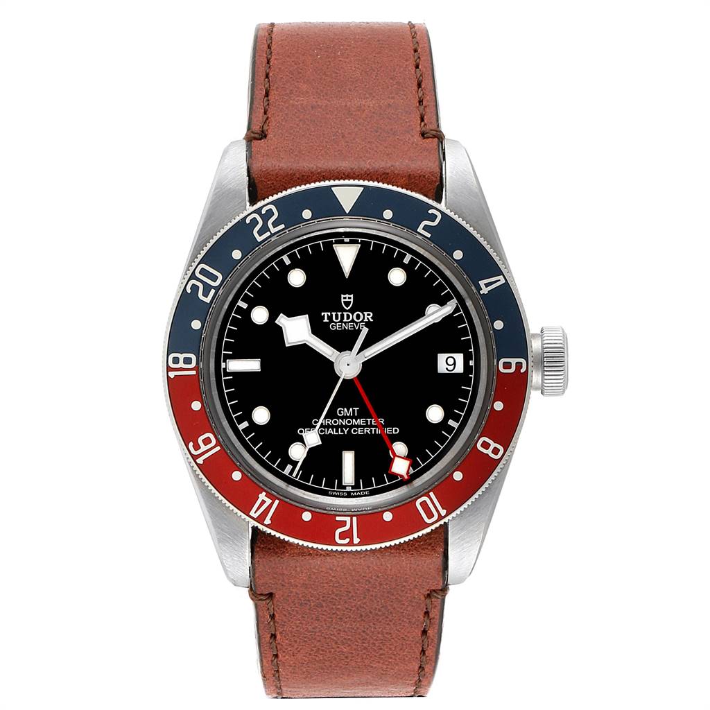 The image shows a front view of the Tudor Heritage Black Bay 79830RB Men's Stainless Steel Black Dial 79830RB Men's Stainless Steel Black Dial GMT watch with a brown leather strap.