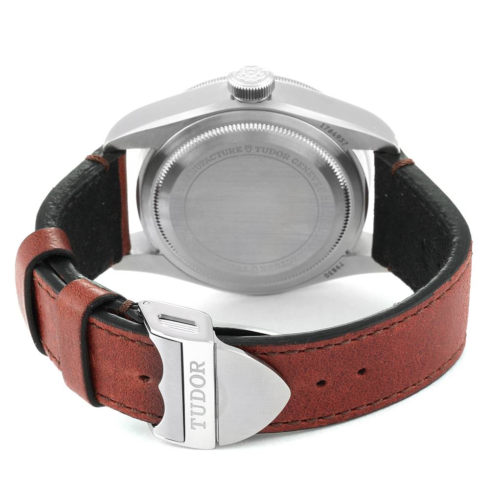 The image shows the back casing and brown leather strap of the Tudor Heritage Black Bay 79830RB Men's Stainless Steel Black Dial 79830RB Men's Stainless Steel Black Dial watch.