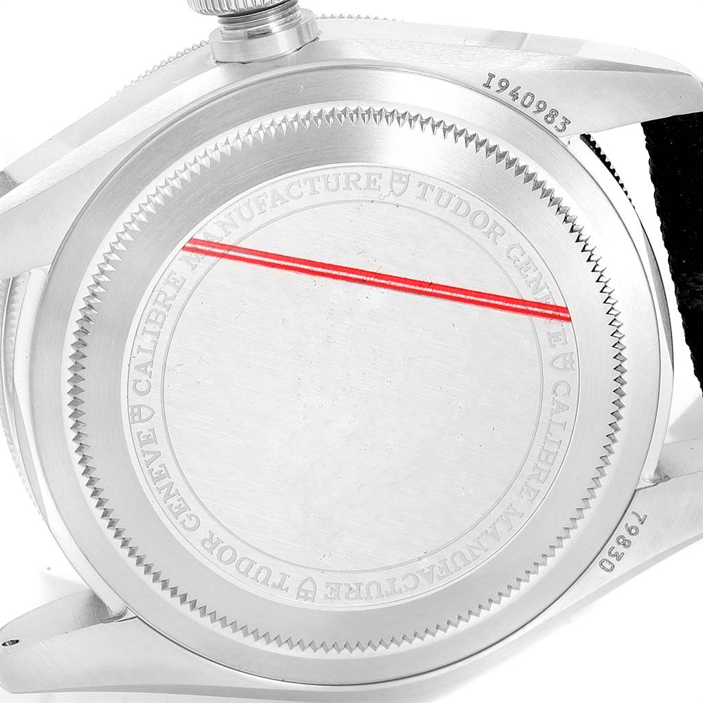 The image shows the case back of the Tudor Heritage Black Bay 79830RB Men's Stainless Steel Black Dial 79830RB Men's Stainless Steel Black Dial watch from a rear angle with engravings visible.