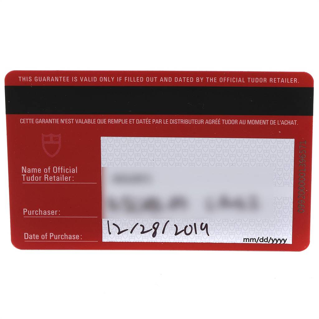 The image shows the official guarantee card for the Tudor Heritage Black Bay 79830RB Men's Stainless Steel Black Dial 79830RB Men's Stainless Steel Black Dial watch, featuring details like the date of purchase.