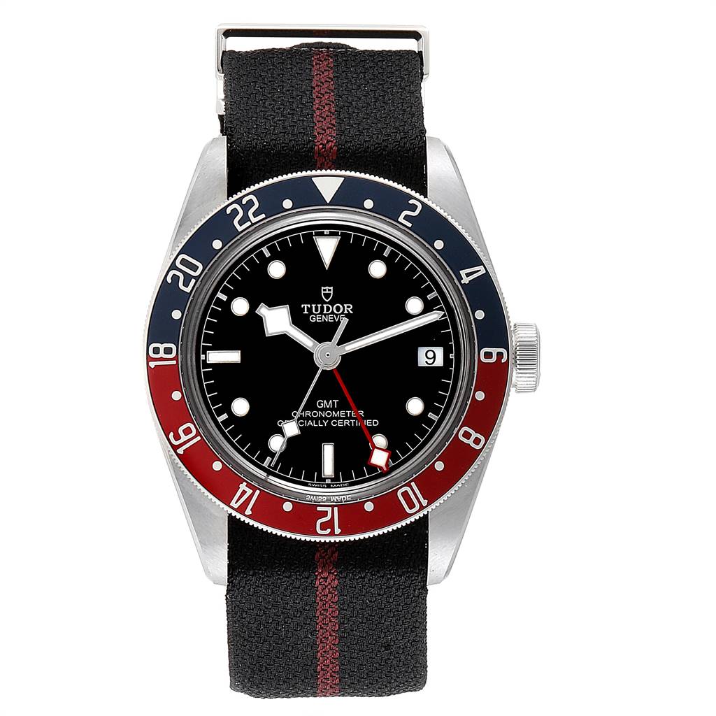 The image shows a front view of the Tudor Heritage Black Bay 79830RB Men's Stainless Steel Black Dial 79830RB Men's Stainless Steel Black Dial GMT watch with a black and red NATO strap.