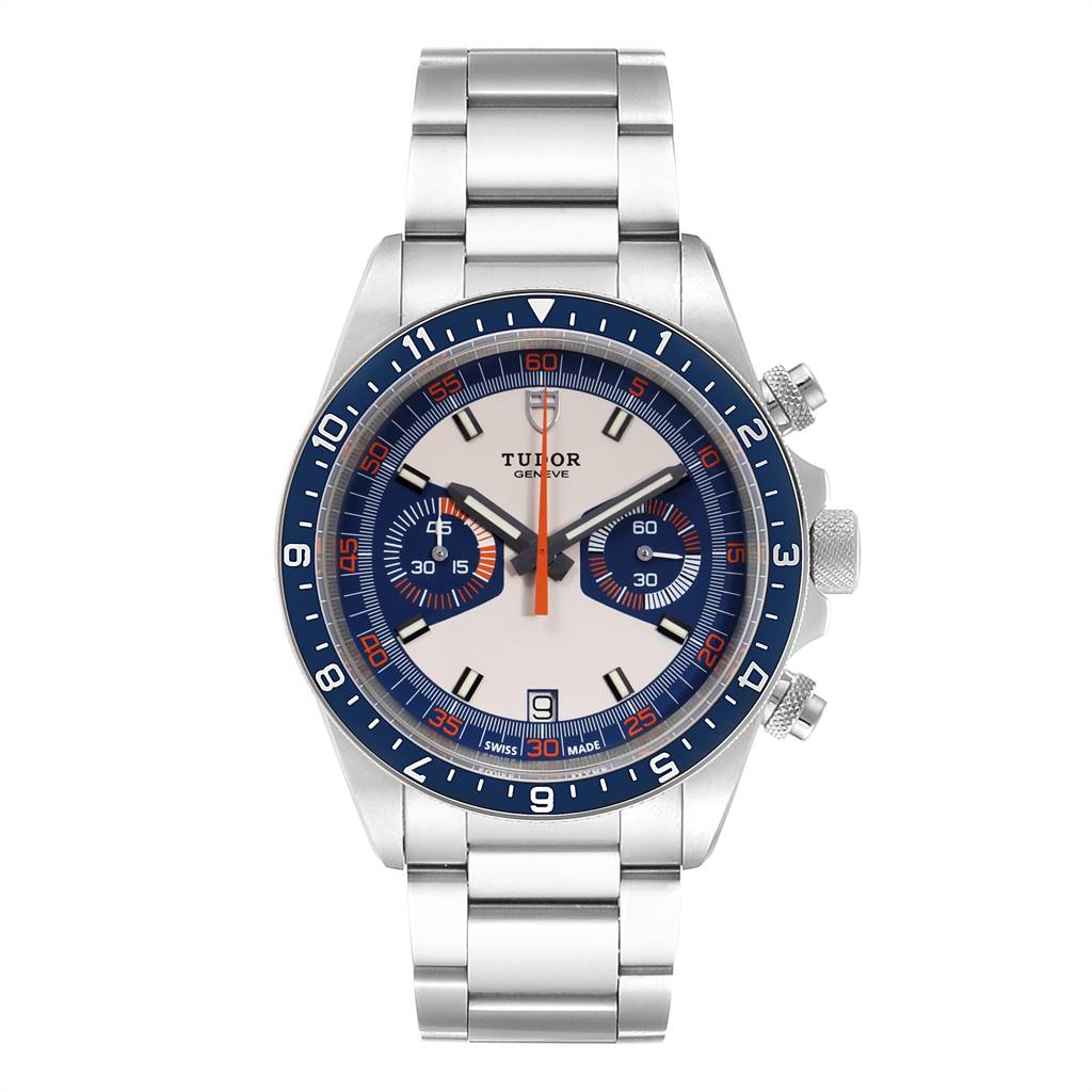 The image shows a frontal view of the Tudor Heritage Chrono 70330B Men
s Stainless Steel Blue Dial 70330B Men
s Stainless Steel Blue Dial watch, including its dial, bezel, and stainless steel bracelet.