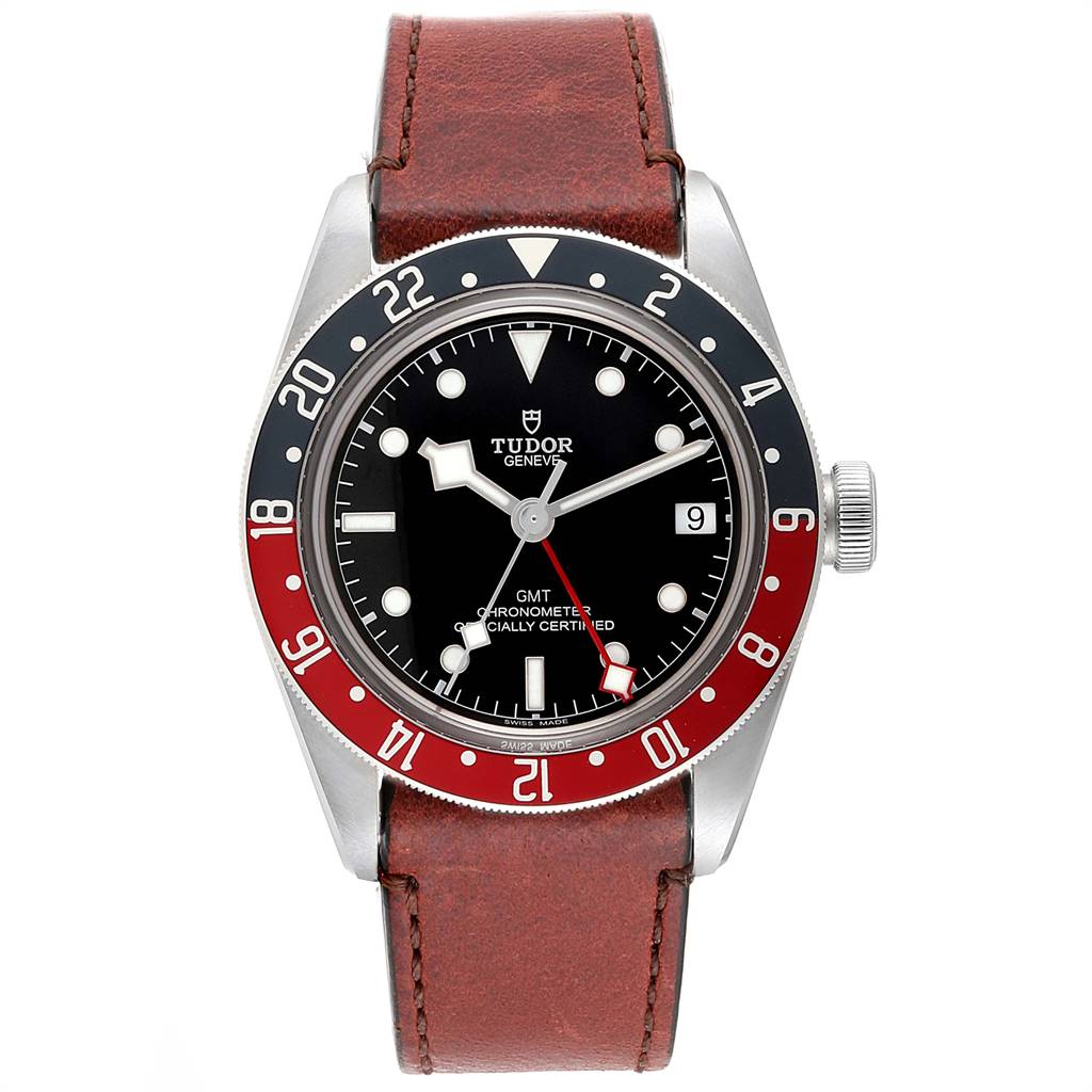 This image shows a front view of the Tudor Heritage Black Bay 79830RB Men's Stainless Steel Black Dial 79830RB Men's Stainless Steel Black Dial watch, featuring a brown leather strap, black dial, and two-tone bezel.