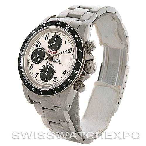 The image shows a Tudor Tiger 79260 Men
s Stainless Steel White Dial 79260 Men
s Stainless Steel White Dial model watch at a 3/4 angle, displaying its face, bezel, crown, pushers, and bracelet.