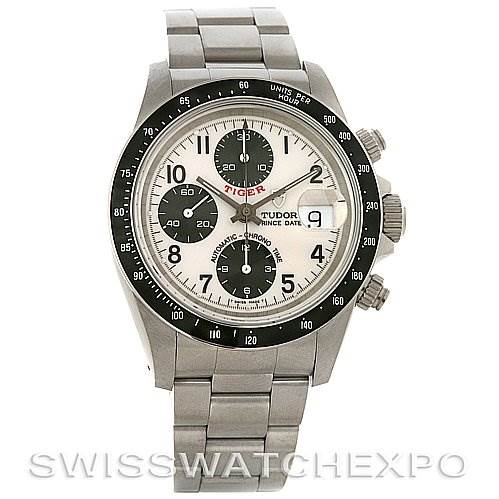 This image shows a front view of a Tudor Tiger 79260 Men
s Stainless Steel White Dial 79260 Men
s Stainless Steel White Dial model watch, displaying its dial, chronograph sub-dials, bezel, and bracelet.