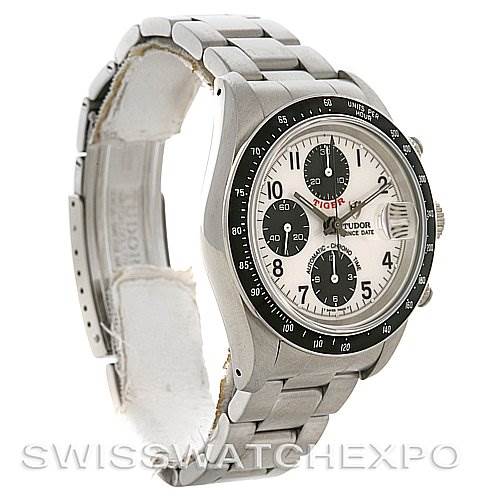 This image shows a Tudor Tiger 79260 Men
s Stainless Steel White Dial 79260 Men
s Stainless Steel White Dial model watch with a view of the face, bracelet, and clasp, placed at a slight side angle.