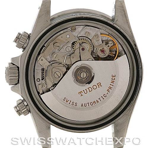 The Tudor Tiger 79260 Men
s Stainless Steel White Dial 79260 Men
s Stainless Steel White Dial model watch is shown from the back, displaying its internal movement components and the "Swiss Automatic Prince" engraving.