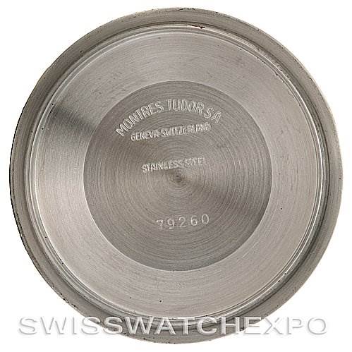 This is the inside view of the stainless steel case back of a Tudor Tiger 79260 Men
s Stainless Steel White Dial 79260 Men
s Stainless Steel White Dial model, showing engravings and model number 79260.