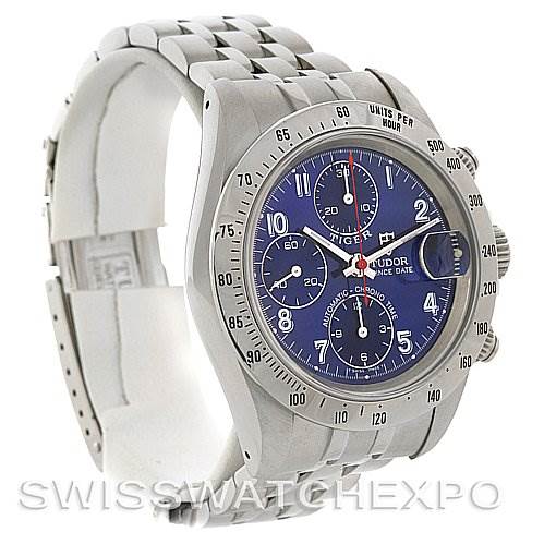 This image shows a Tudor Tiger 79280 Men's Stainless Steel Blue Dial 79280 Men's Stainless Steel Blue Dial model watch at an angled side view, highlighting the bracelet, dial, and bezel.