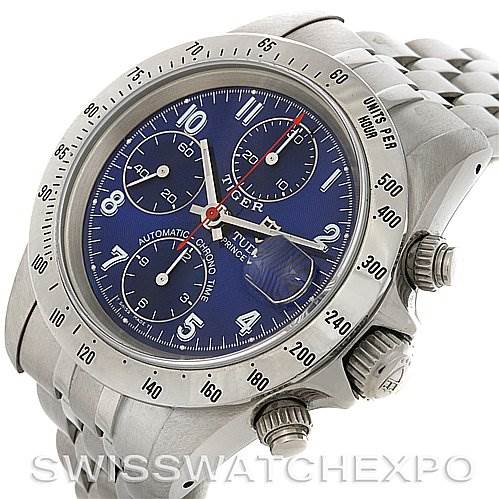 The image shows a Tudor Tiger 79280 Men's Stainless Steel Blue Dial 79280 Men's Stainless Steel Blue Dial model watch at a slight angle, displaying the dial, bezel, crown, pushers, and part of the bracelet.