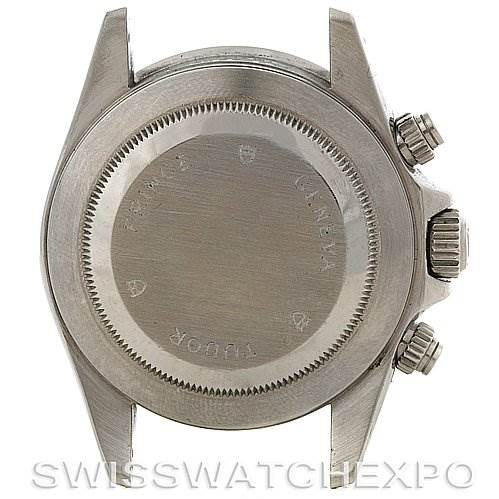 The image shows the back case and crown side of the Tudor Tiger 79280 Men's Stainless Steel Blue Dial 79280 Men's Stainless Steel Blue Dial model watch.