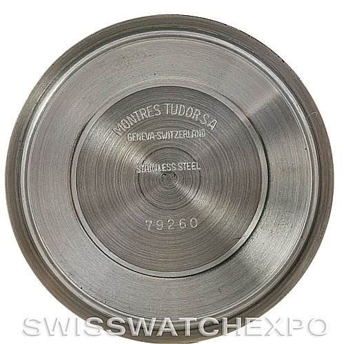 The image shows the stainless steel case back of a Tudor Tiger 79280 Men's Stainless Steel Blue Dial 79280 Men's Stainless Steel Blue Dial model watch, viewed from a top-down angle.