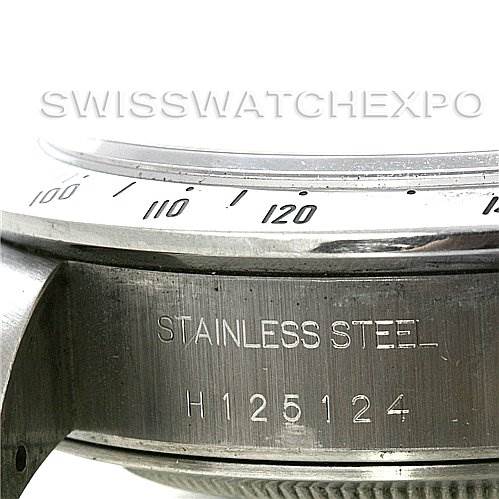 The image shows a close-up side view of the stainless steel case back and bezel of a Tudor Tiger 79280 Men's Stainless Steel Blue Dial 79280 Men's Stainless Steel Blue Dial model watch.