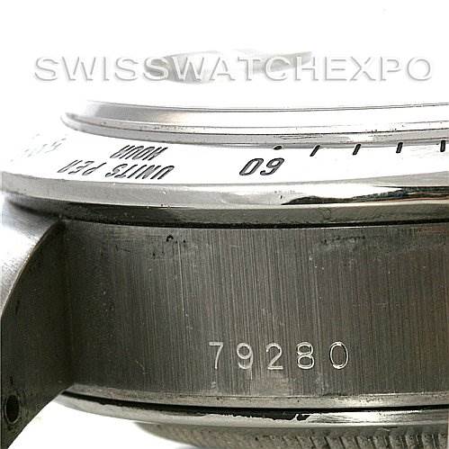 This close-up image shows the side case and tachymeter bezel of the Tudor Tiger 79280 Men's Stainless Steel Blue Dial 79280 Men's Stainless Steel Blue Dial model watch with the reference number 79280.