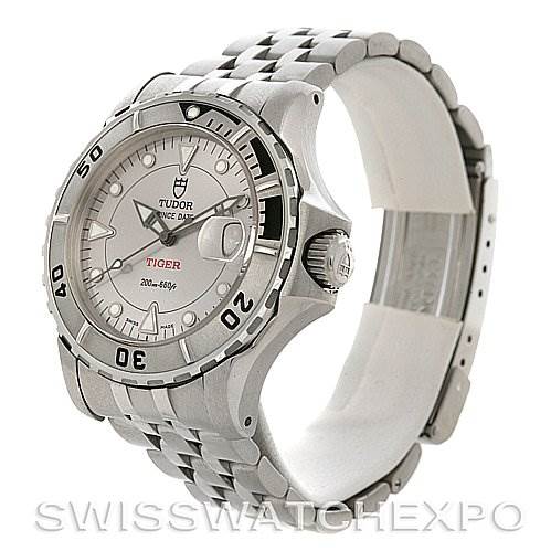 The image shows the Tudor Hydronaut 16220 Men's Stainless Steel Silver Dial 16220 Men's Stainless Steel Silver Dial watch at a three-quarter angle, highlighting its bezel, face, crown, and bracelet.