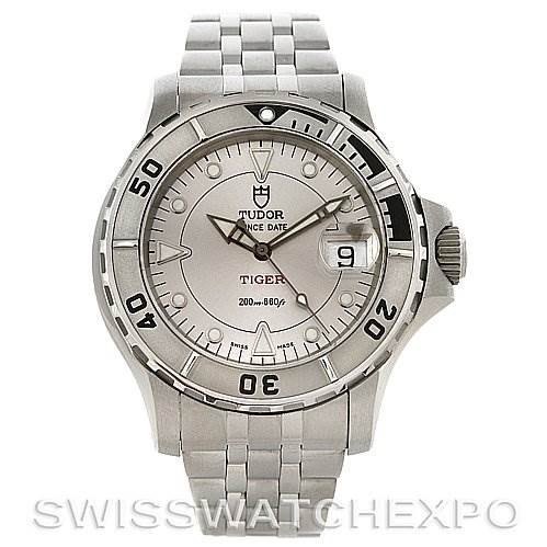 This image shows a frontal view of the Tudor Hydronaut 16220 Men's Stainless Steel Silver Dial 16220 Men's Stainless Steel Silver Dial watch, highlighting the dial, bezel, and bracelet.