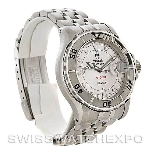 The image shows a Tudor Hydronaut 16220 Men's Stainless Steel Silver Dial 16220 Men's Stainless Steel Silver Dial watch at a three-quarter angle, showcasing its face, bezel, and part of the metal bracelet.