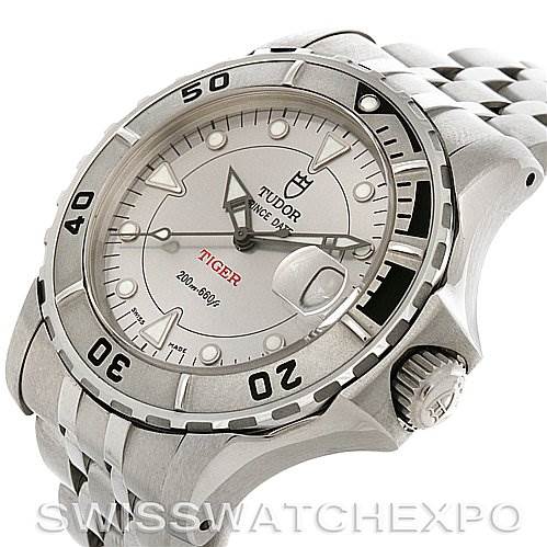 The image shows the Tudor Hydronaut 16220 Men's Stainless Steel Silver Dial 16220 Men's Stainless Steel Silver Dial watch from a 3/4 angle, highlighting the dial, bezel, and part of the bracelet.