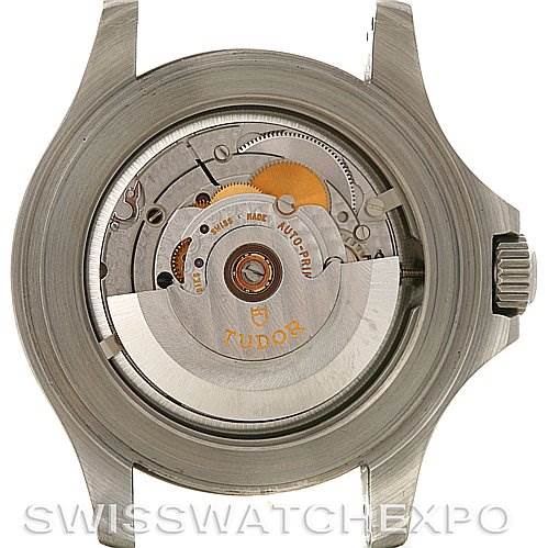 The image shows the back view of the Tudor Hydronaut 16220 Men's Stainless Steel Silver Dial 16220 Men's Stainless Steel Silver Dial watch, highlighting its inner mechanical movement.