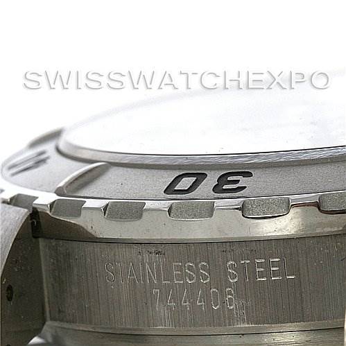 This image shows a close-up of the side and bezel of a Tudor Hydronaut 16220 Men's Stainless Steel Silver Dial 16220 Men's Stainless Steel Silver Dial watch, focusing on its stainless steel casing and engravings.