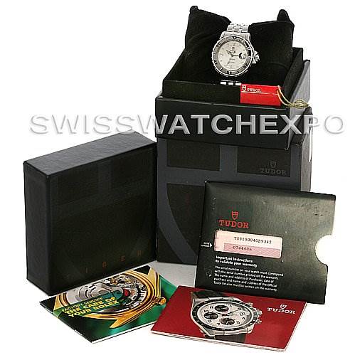 The image shows a Tudor Hydronaut 16220 Men's Stainless Steel Silver Dial 16220 Men's Stainless Steel Silver Dial watch at an oblique angle with its box, manuals, and warranty card.