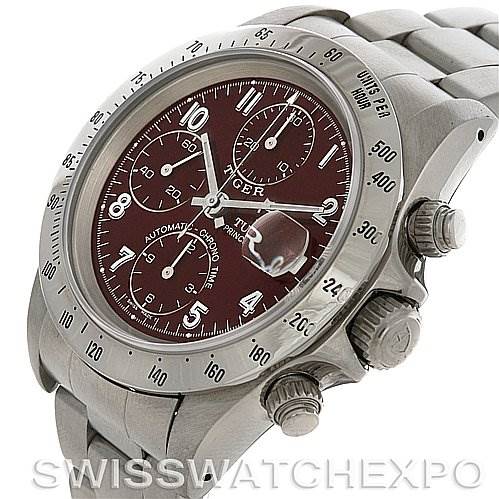 This image shows a side angle of a Tiger model Tudor watch, highlighting the face, bezel, crown, and chronograph pushers.