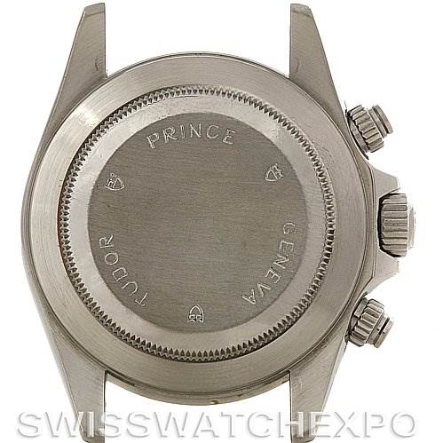 This image shows the case back and side view of the Tudor Tiger 79280 Men's Stainless Steel Burgundy Dial 79280 Men's Stainless Steel Burgundy Dial watch, highlighting the crown and pushers.