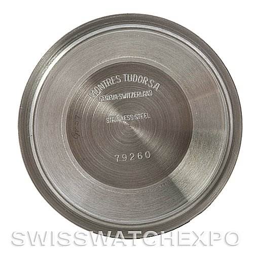 This image shows the interior case back of a Tudor Tiger 79280 Men's Stainless Steel Burgundy Dial 79280 Men's Stainless Steel Burgundy Dial model watch, featuring the brand, origin, and model number engraved.