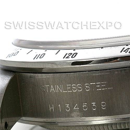 This close-up shot of the Tudor Tiger 79280 Men's Stainless Steel Burgundy Dial 79280 Men's Stainless Steel Burgundy Dial watch shows the side view focusing on the bezel and serial number.