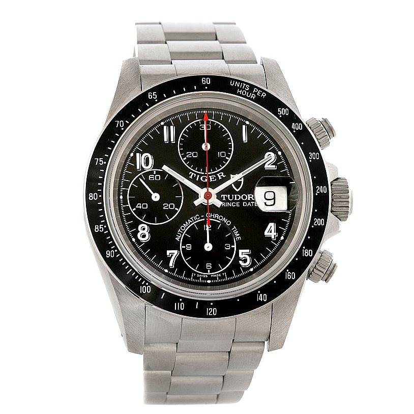 This image shows a front view of the Tudor Prince model watch, highlighting its black dial, chronograph features, date window, and stainless steel bracelet.